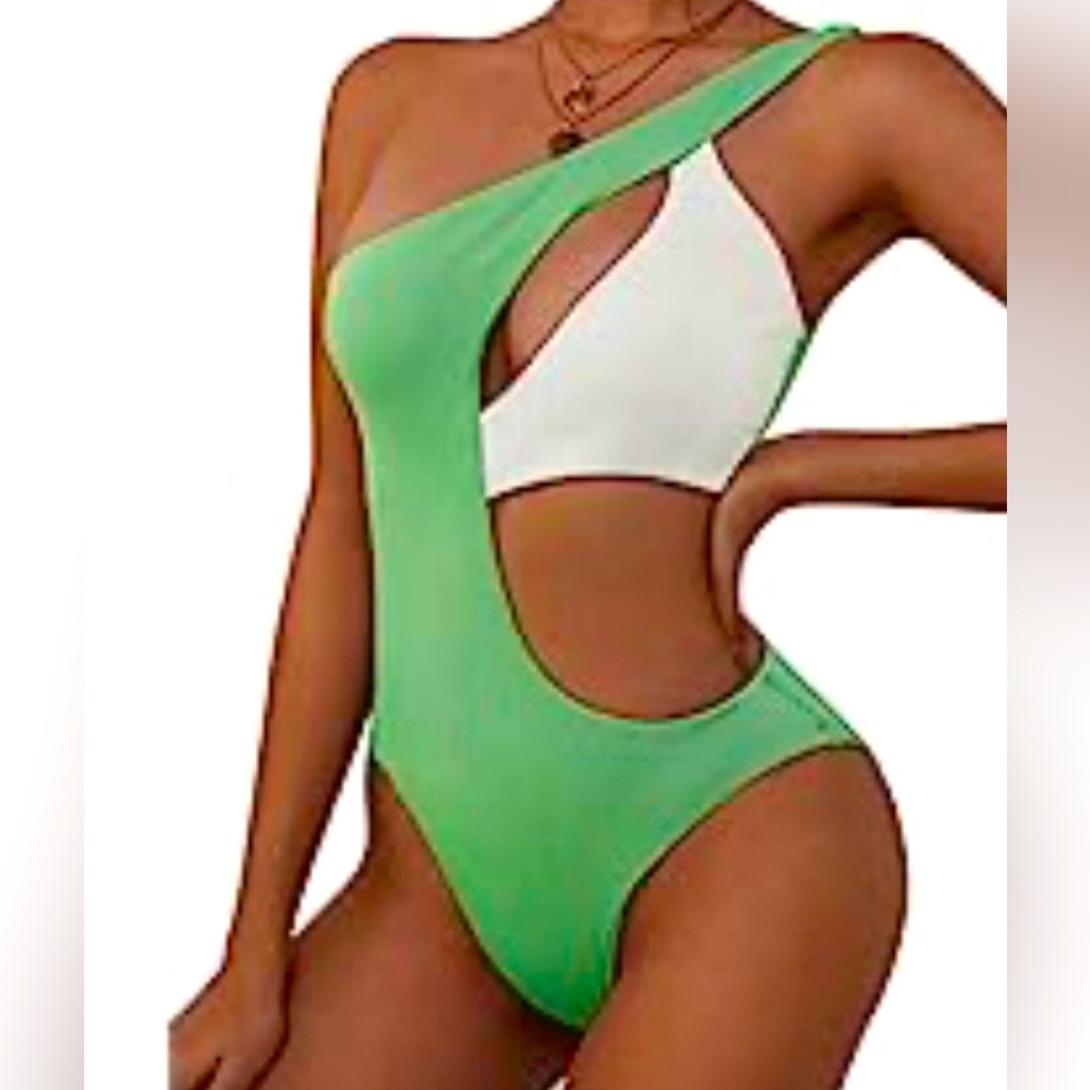 NWT ZAFUL Women’s One Piece Cutout Swimsuit Lime Green & White Size XL (10)